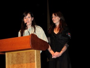 Elsie Smith and Serenity Smith Forchion, the founders of New England Center for Circus Arts, speak to the audience. The twin circus artists and entrepreneurs received the Walter Cerf Medal for Outstanding Achievement.